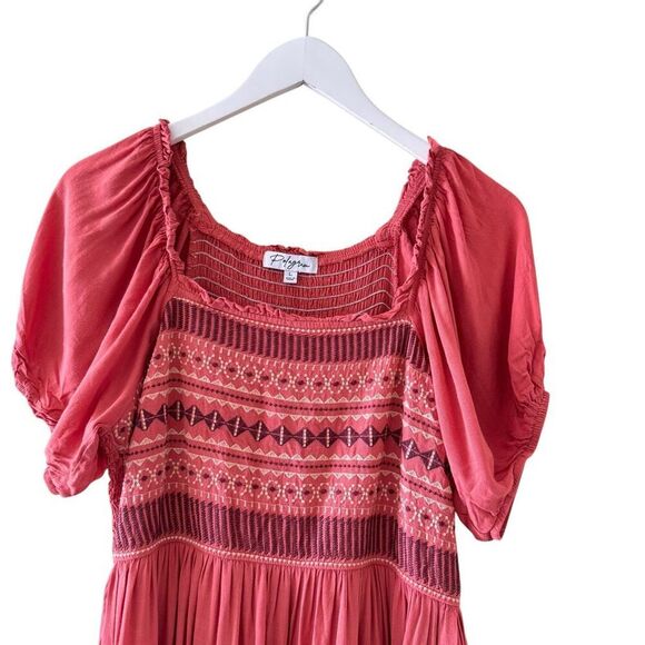 POLAGRAM Boho Chic Embroidered Midi Gypsy Short Sleeves Dress SZ L #2468 - Picture 3 of 14